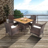 Tangkula 5 Pieces Wicker Patio Dining Set, Outdoor Acacia Wood Dining Furniture With 4 Armrest Chairs & 1 Dining Table, Rattan Conversation Set With Cushions & Umbrella Hole For Backyard Garden Porch