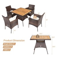 Tangkula 5 Pieces Wicker Patio Dining Set, Outdoor Acacia Wood Dining Furniture With 4 Armrest Chairs & 1 Dining Table, Rattan Conversation Set With Cushions & Umbrella Hole For Backyard Garden Porch