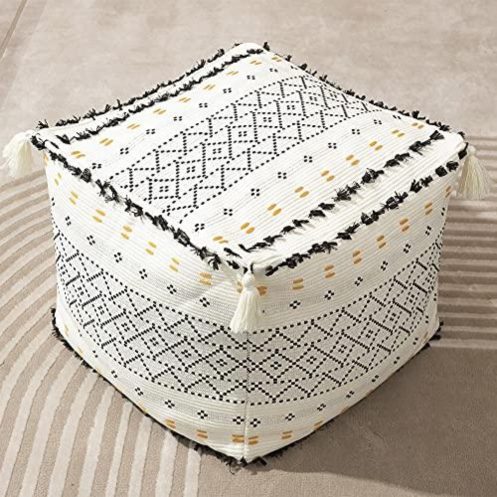 Blue Page Unstuffed Boho Decorative Pouf Cover Casual Ottoman Square Cube Bean Bag With Tassels & Soft Tufted, Modern Accent Footrest For Living Room, Bedroom, Nursery, Kidsroom, Patio, Black