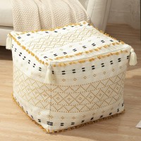 Blue Page Unstuffed Pouf Ottoman Cover For Living Room - Square Boho Pouf Cover Unstuffed, Cotton Woven Storage Bean Bag Chair Seat, Large Foot Rest Floor Cushion