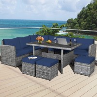 Happygrill 7 Pcs Patio Conversation Set Rattan Wicker Furniture Set With Cushions Outdoor Rattan Sofa Set With Dining Table & Ottomans For Poolside Backyard Balcony Garden