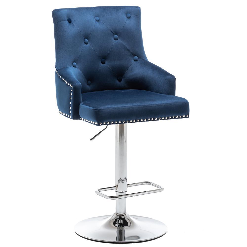 Better Home Products Monroe Velvet Tufted Adjustable Swivel Bar Stool Set Blue