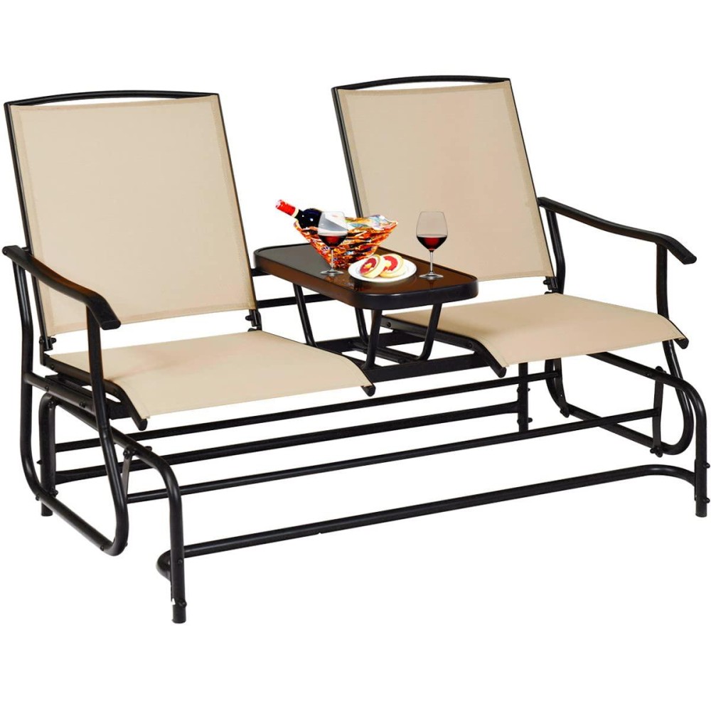Giantex Patio Bench Glider Chair With Metal Frame, Center Tempered Glass Table, Outside Double Rocking Swing Loveseat For Porch, Garden, Poolside, Balcony, Lawn Rocker Outdoor Glider Bench(Brown)