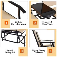 Giantex Patio Bench Glider Chair With Metal Frame, Center Tempered Glass Table, Outside Double Rocking Swing Loveseat For Porch, Garden, Poolside, Balcony, Lawn Rocker Outdoor Glider Bench(Brown)