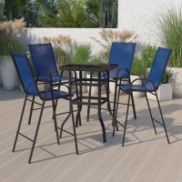 Outdoor Dining Set 4Person Bistro Set Outdoor Glass Bar Table with Navy AllWeather Patio Stools