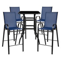 Outdoor Dining Set 4Person Bistro Set Outdoor Glass Bar Table with Navy AllWeather Patio Stools