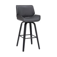 Armen Living Tyler Mid Century Modern Swivel Bar Stool For Kitchen Island Counter In Gray Faux Leather And Black Wood, 30