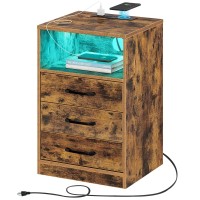 Seventable Nightstand With Wireless Charging Station And Led Lights, Rustic End Side Table With 3 Drawers And Open Compartment For Bedroom, Rustic Brown