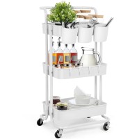 E&D Furniture 3 Tier Rolling Storage Cart With Wheels, Utility Art Craft Supply Cart Organizer On Wheels, Multipurpose Adjustable Makeup Cart Hair Salon Trolley With Handle & Hanging Cups