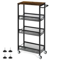 4 Tier Slim Storage Cart, Narrow Shelving Unit For Small Space, Slide Out Rolling Cart With Wooden Top, Metal Handle And Wire Mesh For Narrow Space On Kitchen, Bathroom, Laundry Room, Black.