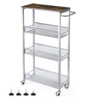 4 Tier Slim Storage Cart, Shelving Unit For Small Space, Slide Out Narrow Kitchen Cart With Wood Top, Metal Handle And Wire Mesh Rolling Cart For Narrow Space On Kitchen, Bathroom, Silver.