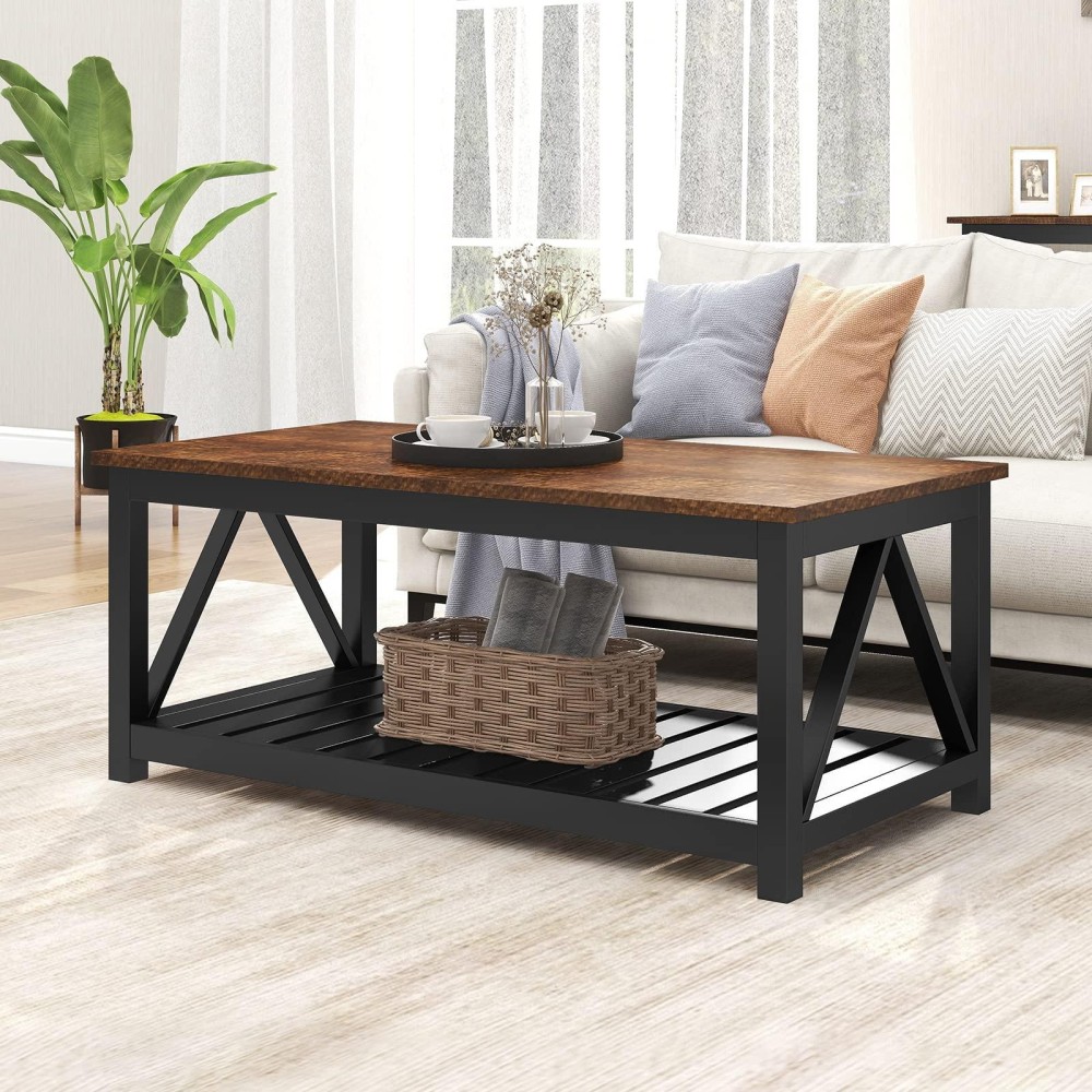 Choochoo Black Coffee Table, Rustic Vintage Table With Shelf For Living Room, 40 Inch