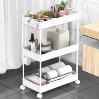 Spacelead 3-Tier Utility Storage Cart, Mobile Utility Cart With Lockable Caster Wheels, Rolling Carts Organizer For Bathroom Laundry Kitchen,Used As Book Art Snack Lash Makeup Diaper Cart, White