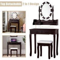 Dortala Vanity Table Set, Makeup Dressing Table With 10 Dimmable Bulbs Lighted Mirror & 4 Drawers, Cushioned Stool, Solid Wood Leg, Classic Dressing Table Set For Home, Salon, Brown