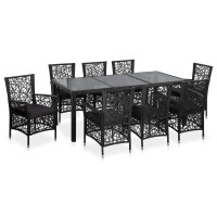 Vidaxl 9-Piece Patio Dining Set - Poly Rattan Outdoor Furniture With Open Weave Pattern - Includes Table, 8 Chairs With Removable Cushions, Black