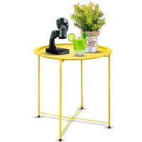 Garden 4 You Folding Tray Metal Side Table Yellow Round End Table Cyan Sofa Small Accent Fold-Able Table, Round End Table Tray, Next To Sofa Table, Snack Table For Living Room And Bed Room