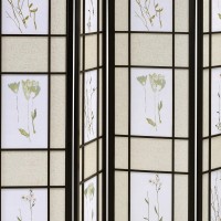 4 Panel Screen with Floral Print Detailing and Wooden Frame, Black