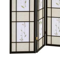 4 Panel Screen with Floral Print Detailing and Wooden Frame, Black