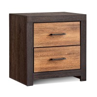 Dual Tone 2 Drawer Nightstand with Metal Bar Pulls, Brown