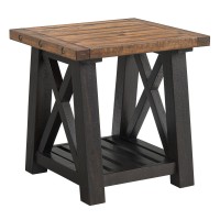 End Table with Slatted Shelf and X Legs, Brown and Black