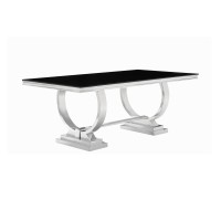 Dining Table with Glass Top and Trestle Base, Black and Chrome