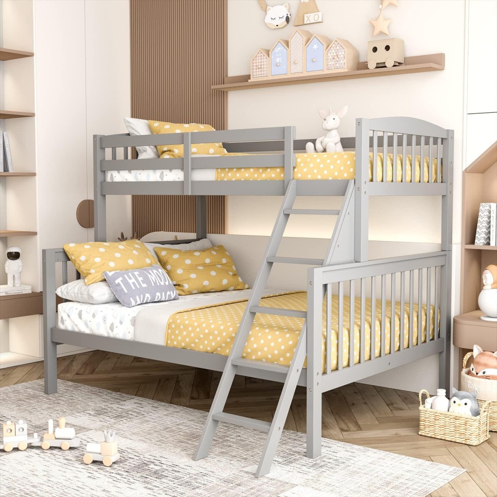 Kotek Twin Over Full Bunk Bed, Solid Rubber Wood Bunk Bed Frame With Ladder And Guardrail, Detachable Heavy Duty Bunk Beds For Kids, Teens, Adults (Grey)