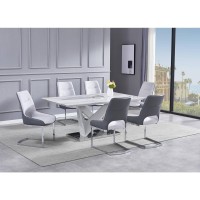 Classic 7 Piece Dining Set White Dining Table Faux Marble 6 Velvet Light Grey Chairs Faux Leather Back