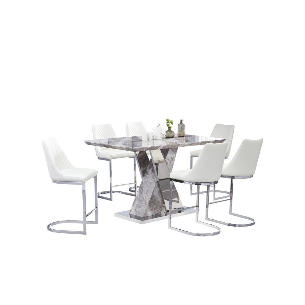 Classic 7 Piece Dining Set White Faux Marble Counter Height Table 6 White Faux Leather Side Chairs Chrome