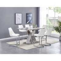 Classic 7 Piece Dining Set White Faux Marble Counter Height Table 6 White Faux Leather Side Chairs Chrome