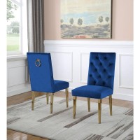 Gold Tempered Glass 7 Piece Dining Set Ring Chairs in Navy Blue Velvet