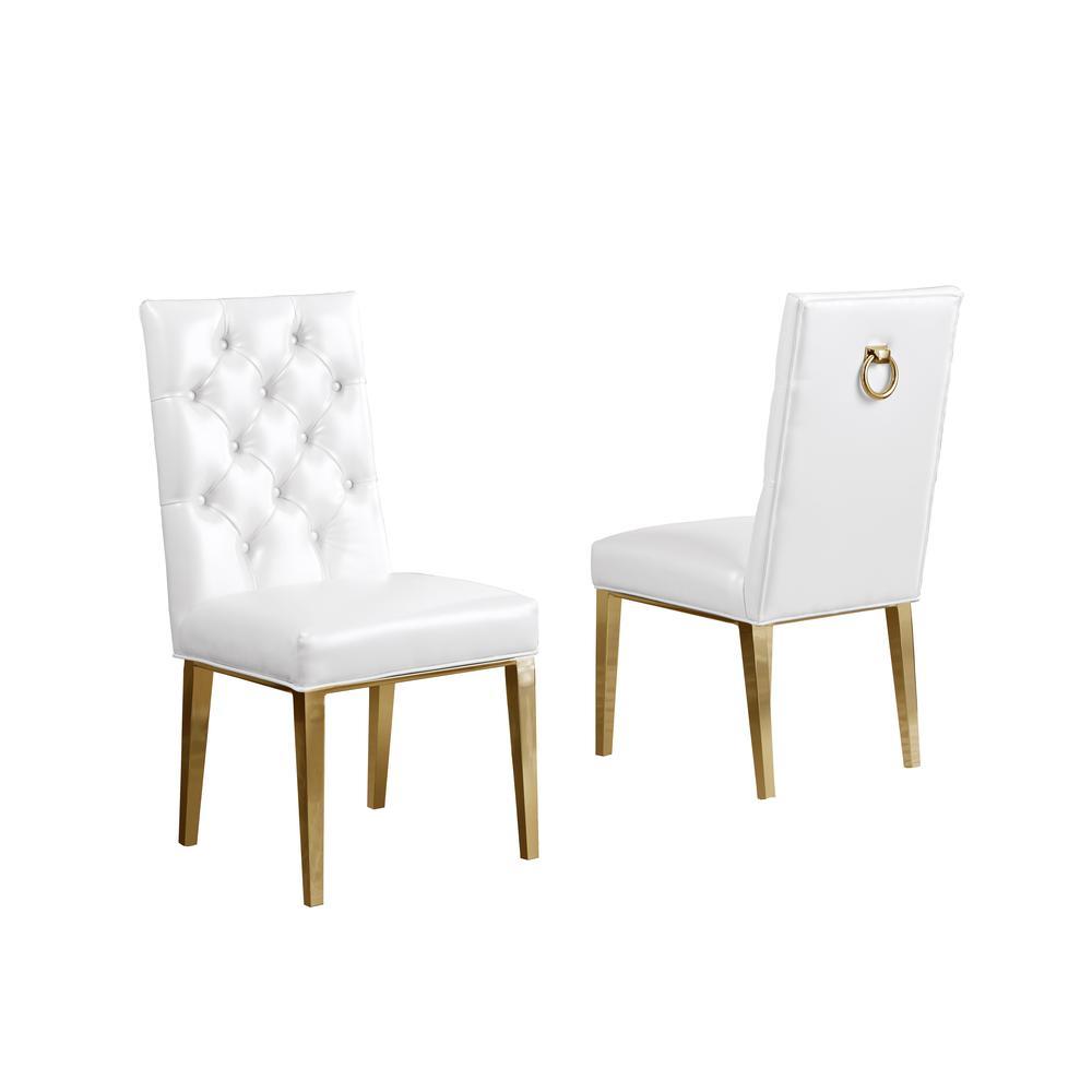 Gold Tempered Glass 7 Piece Dining Set Ring Chairs in White Faux Leather