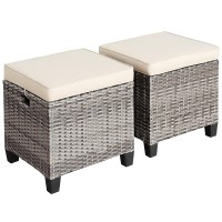 Tangkula 2 Pieces Patio Rattan Ottomans Outdoor Wicker Footstool Footrest Seat With Soft Cushions And Steel Frame Allweather