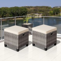 Tangkula 2 Pieces Patio Rattan Ottomans Outdoor Wicker Footstool Footrest Seat With Soft Cushions And Steel Frame Allweather