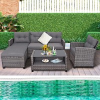 Tangkula 4 Pieces Rattan Conversation Set, Patiojoy Outdoor Furniture Set With Cushions, Lounge Sofa Set With Coffee Table, Patio Sectional Sofa Set For Patio Garden Poolside Backyard (Gray)