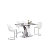 Classic 5 Piece Dining Set White Faux Marble Counter Height Table 4 White Faux Leather Side Chairs Chrome