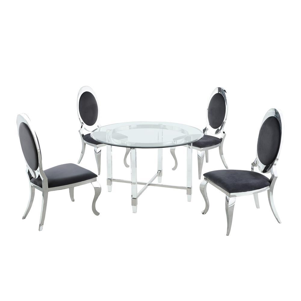 Round 5 Piece Dining Set Glass Table Acrylic 4 Dining Chairs Stainless Steel in Black Velvet