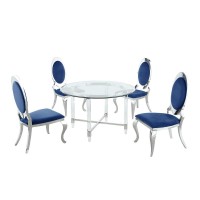 Round 5 Piece Dining Set Glass Table Acrylic 4 Dining Chairs Stainless Steel in Navy Blue Velvet