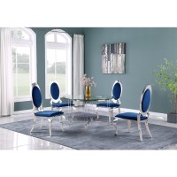 Round 5 Piece Dining Set Glass Table Acrylic 4 Dining Chairs Stainless Steel in Navy Blue Velvet