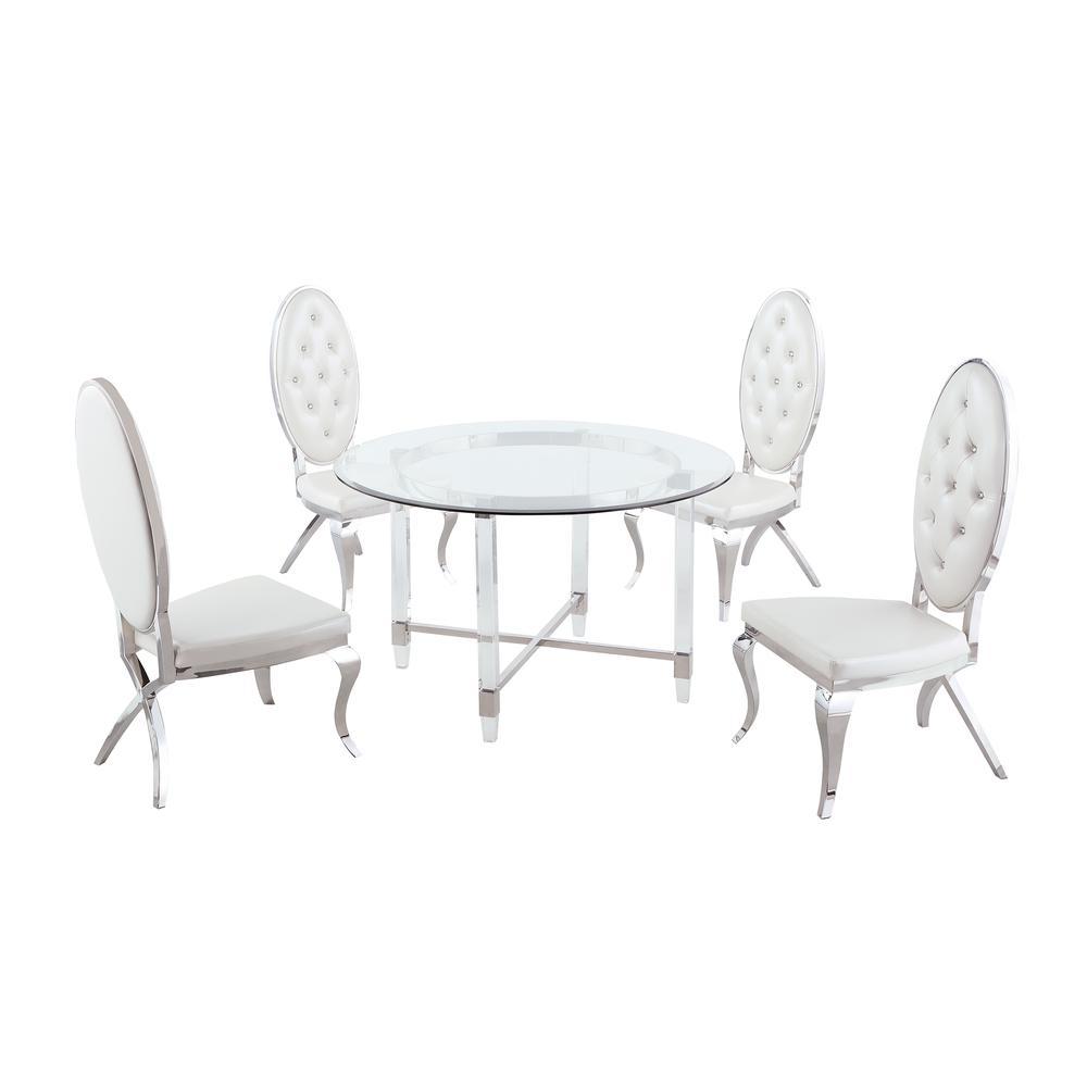 Round 5 Piece Dining Set Glass Table Acrylic 4 Dining Chairs Faux Crystal in White Faux Leather