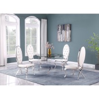 Round 5 Piece Dining Set Glass Table Acrylic 4 Dining Chairs Faux Crystal in White Faux Leather