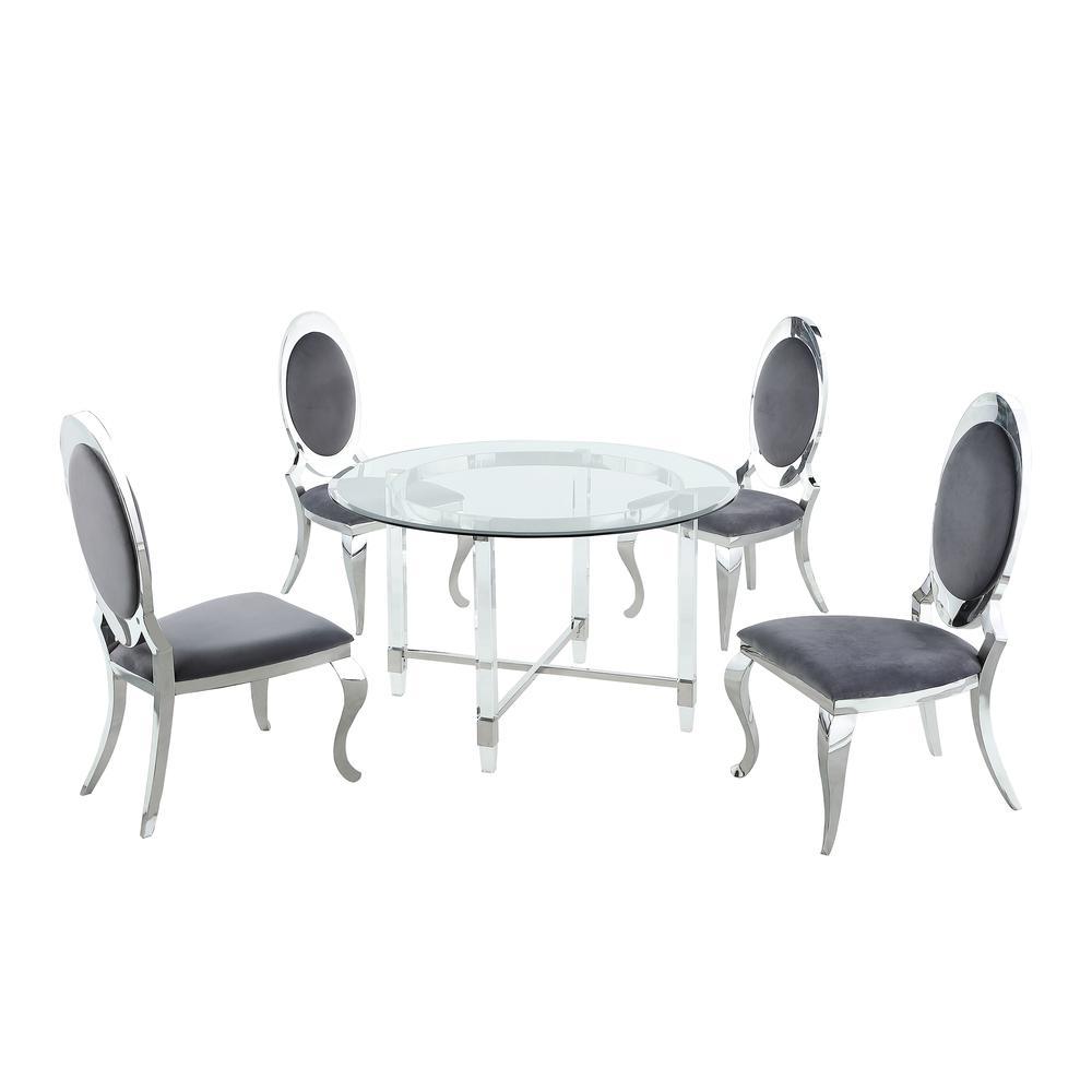 Round 5 Piece Dining Set Glass Table Acrylic 4 Dining Chairs Stainless Steel in Dark Gray Velvet