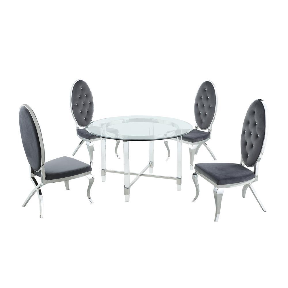 Round 5 Piece Dining Set Glass Table Acrylic 4 Dining Chairs Faux Crystal in Dark Gray Velvet