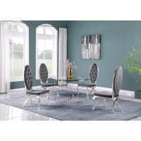 Round 5 Piece Dining Set Glass Table Acrylic 4 Dining Chairs Faux Crystal in Dark Gray Velvet