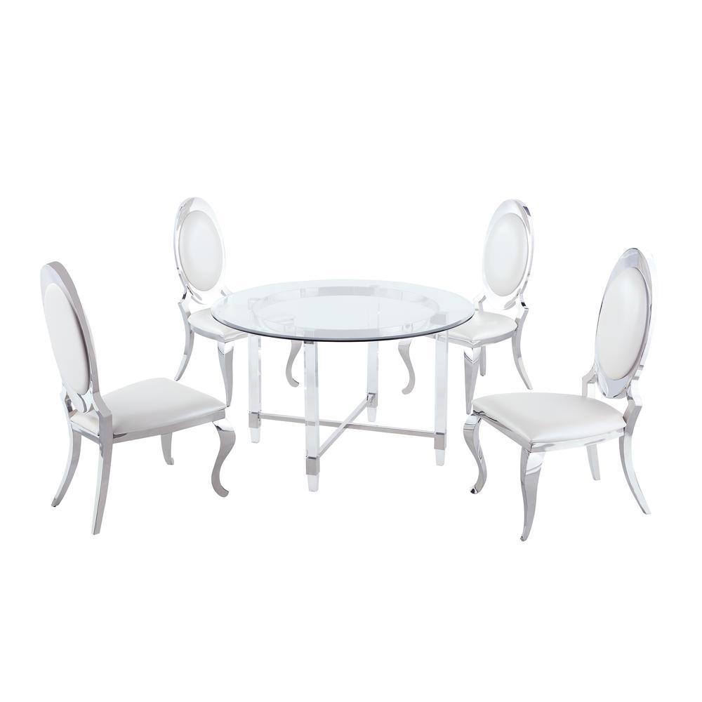 Round 5 Piece Dining Set Glass Table Acrylic 4 Dining Chairs Stainless Steel in White Faux Leather