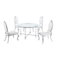 Round 5 Piece Dining Set Glass Table Acrylic 4 Dining Chairs Stainless Steel in White Faux Leather