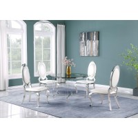 Round 5 Piece Dining Set Glass Table Acrylic 4 Dining Chairs Stainless Steel in White Faux Leather