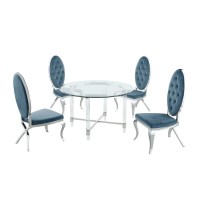 Round 5 Piece Dining Set Glass Table Acrylic 4 Dining Chairs Faux Crystal in Teal Blue Velvet