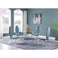 Round 5 Piece Dining Set Glass Table Acrylic 4 Dining Chairs Faux Crystal in Teal Blue Velvet