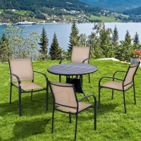 Giantex Set Of 4 Outdoor Patio Chairs, Stackable Lawn Chairs With Armrests And Breathable Fabric, 4 Pack Bistro Chairs For Porch Garden Backyard Poolside, Brown & Black
