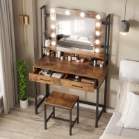 Fameill Makeup Vanity With Lights,Vanity Desk With Drawer,Vanity Table Set With Lighted Mirror,3 Color Dimmable Makeup Desk For Bedroom,Rustic Brown